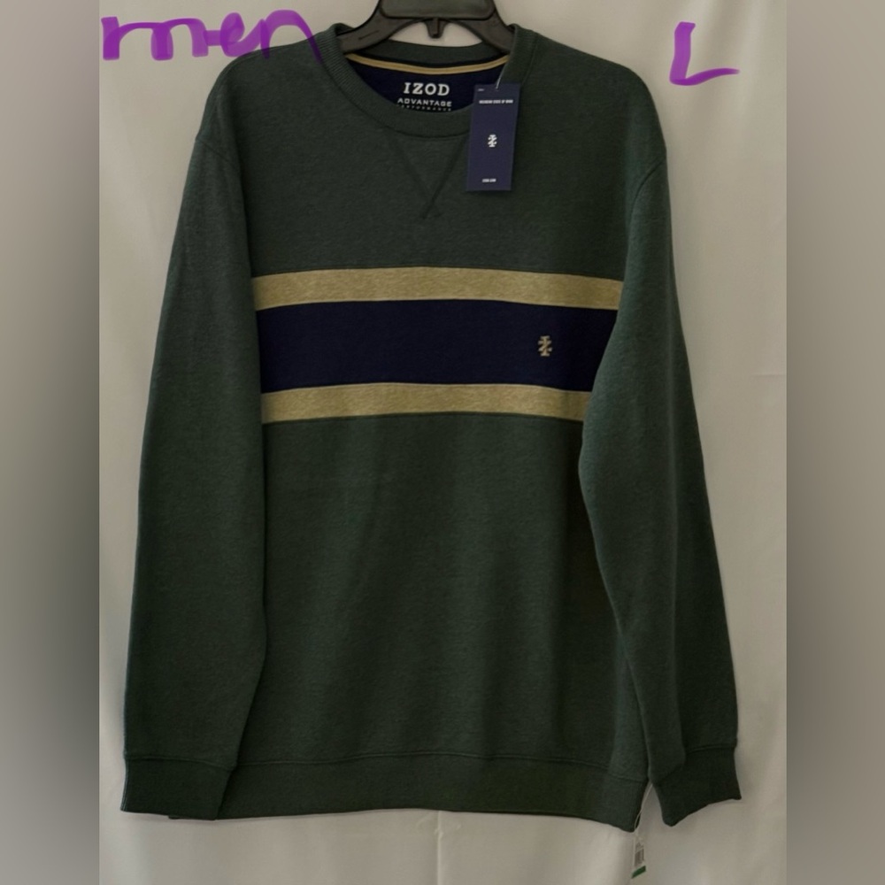 Izod Men's Crewneck Sweater in Green with Navy and Gold Stripe
